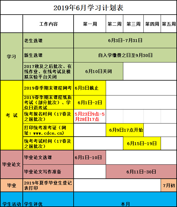 2019年6月學(xué)習(xí)計劃表